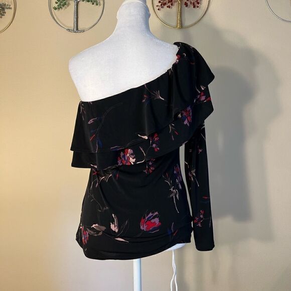Veronica M Black Red Purple Floral Ruffle Asymmetrical One Long Sleeve Top XS - Picture 3 of 10